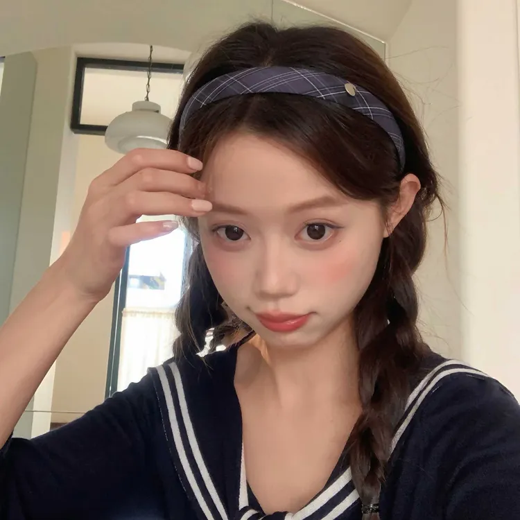 藏青格纹爱心发箍复古学院风布艺头箍韩系少女日常外戴发卡发饰品