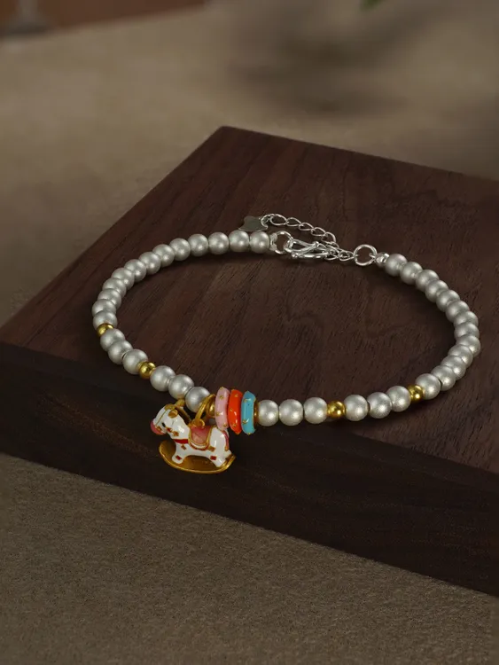 足银手链 足银999中式珐琅彩小马手链时尚百搭彩色