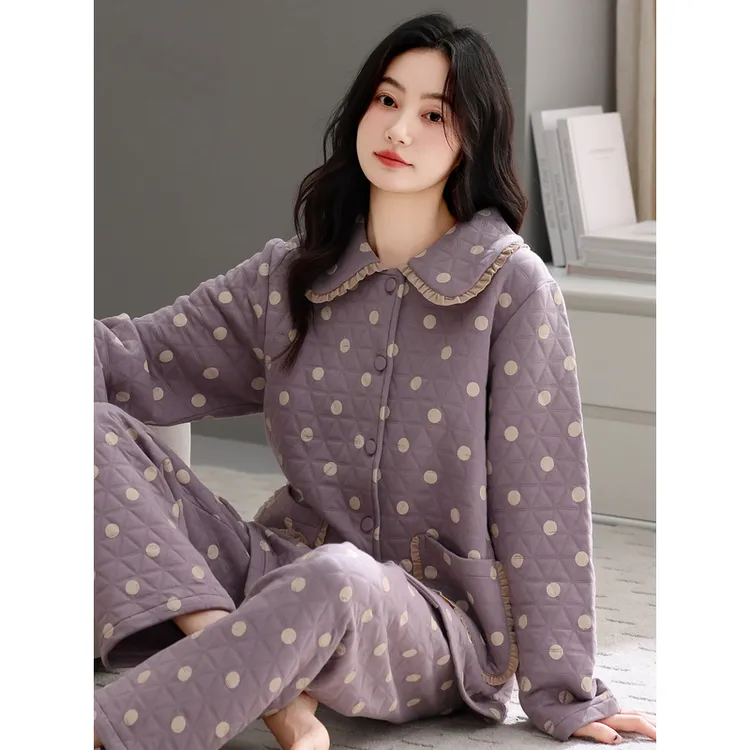 睡衣女士加厚纯棉长袖秋冬季空气棉薄款夹层妈妈春秋款高档家居服