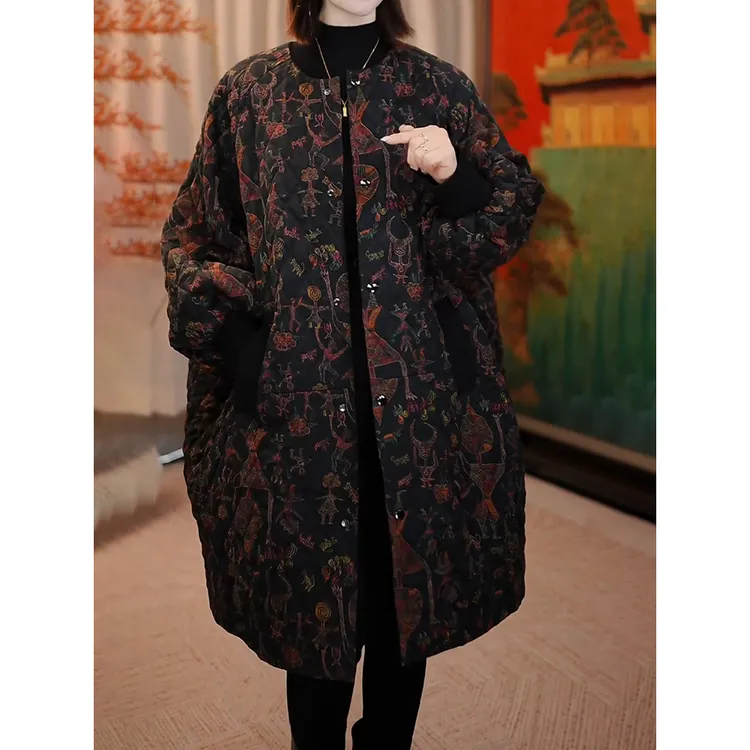 高级轻奢气质新中式复古印花时尚休闲宽松遮肉保暖中长款圆领棉服