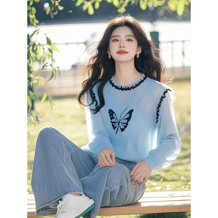 2025年春秋韩式新款小众设计感蓝色印花圆领T恤女气质高级感上衣