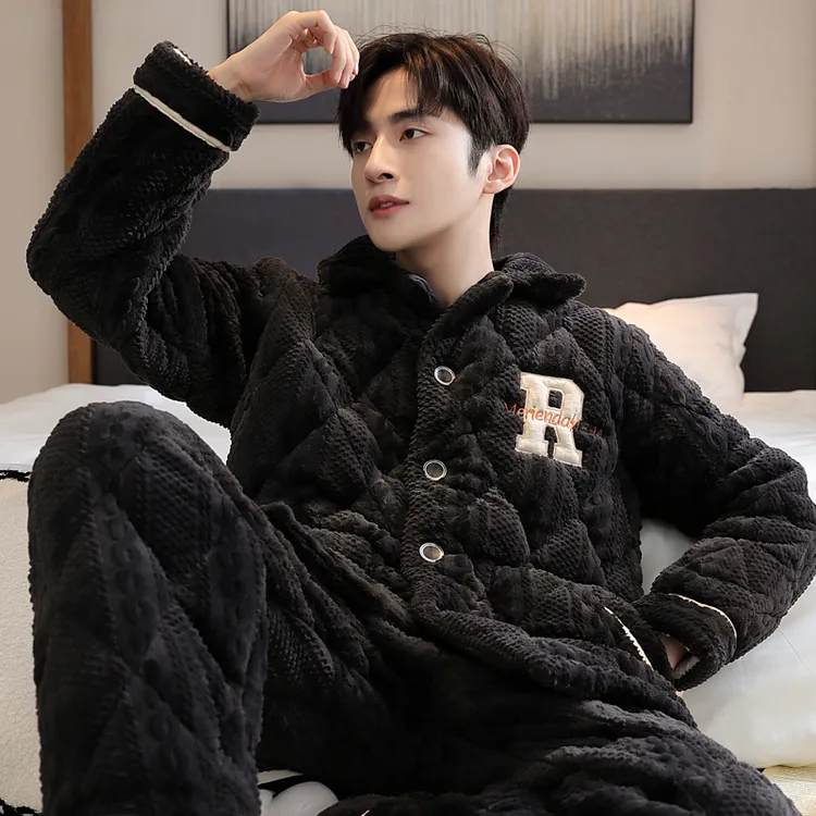 【现货】男士睡衣冬季法兰绒夹棉三层加厚睡衣男保暖大码家居服套装