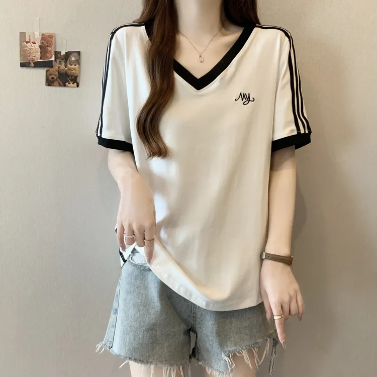 美式条纹V领短袖T恤2025夏季新款大码女装胖m夏季胖mm宽松显瘦t恤