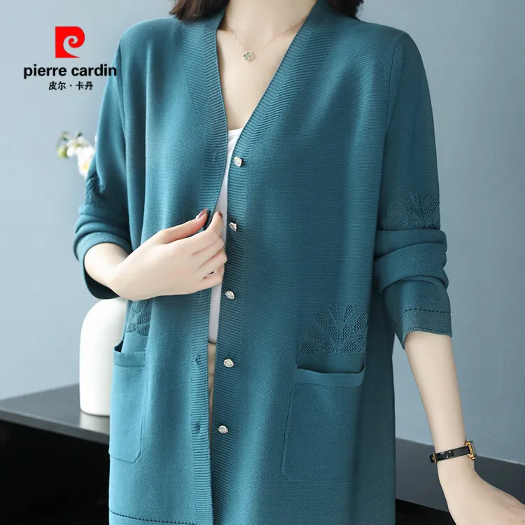 皮尔卡丹妈妈装春夏蚕丝针织开衫外搭中老年女宽松加肥加大码防晒