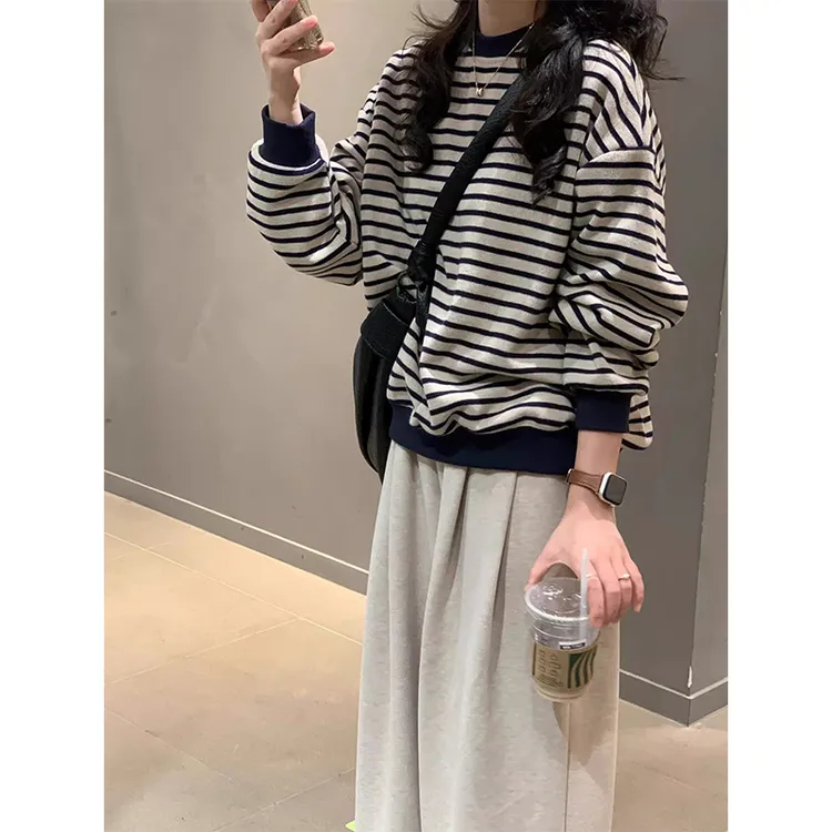 复古条纹无帽卫衣女春秋2025新款打底衫加绒加厚长袖小个子上衣