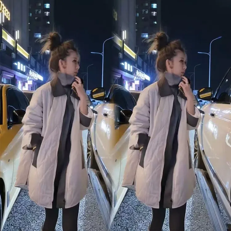 2025年秋冬新款韩系慵懒风中长款棉服女宽松显瘦拼接棉服外套女潮
