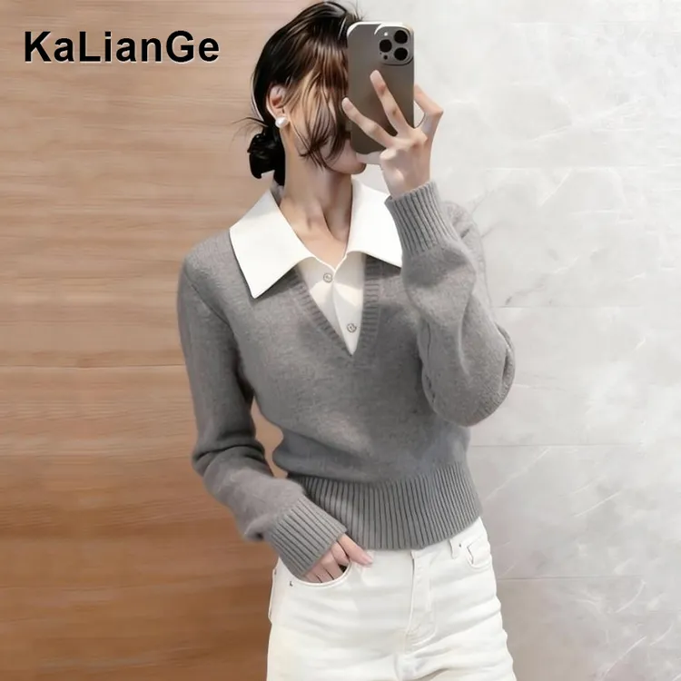 卡莲格/韩版假俩件拼接翻领针织毛衣女秋冬套头修身保暖打底上衣
