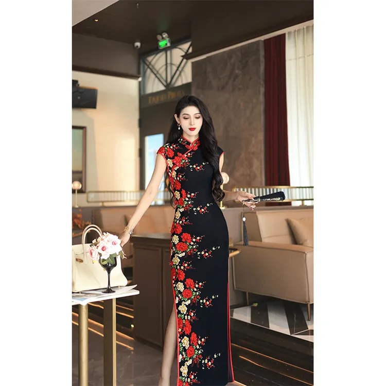 尤克菲儿 高定轻奢网布印花长裙修身气质优雅温柔高腰开叉旗袍