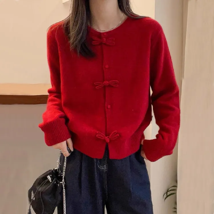 春秋新款时尚新中式洋气百搭国风宽松开衫蝴蝶结显瘦长袖针织毛衣