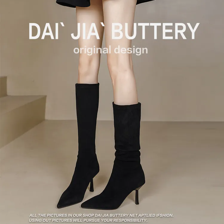高跟长筒靴尖头堆堆靴褶皱两穿2025冬季新款美拉德风欧美