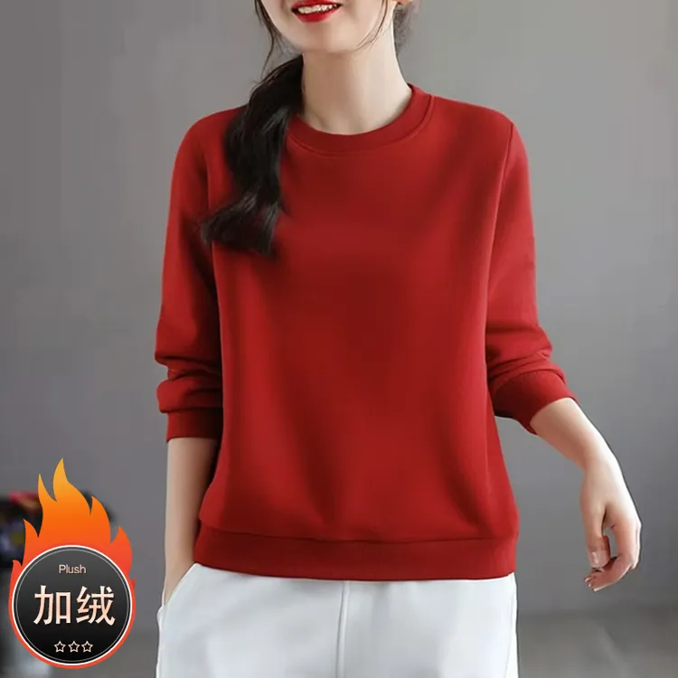 纯棉卫衣女2025新款春秋薄款圆领宽松外套秋冬加绒纯色长袖上衣潮