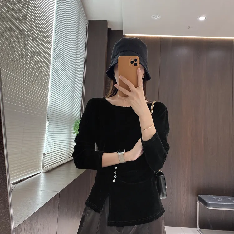 IMFLY金小金自制女装 丝绒衫DYW9763侧边开衩纽扣长袖打底衫秋季