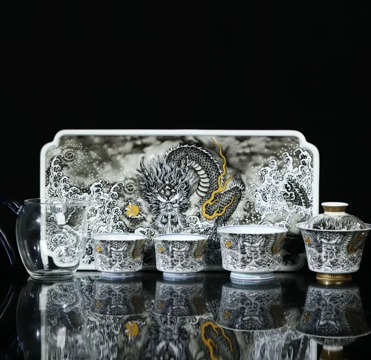 景德镇墨彩水墨祥龙茶具家用茶送礼茶器高档陶瓷中式6件套礼盒装