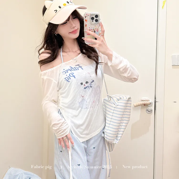 懒惰小猫 织物猪原创 纯欲露肩印花罩衫牛仔裤女挂脖吊带条纹长裤