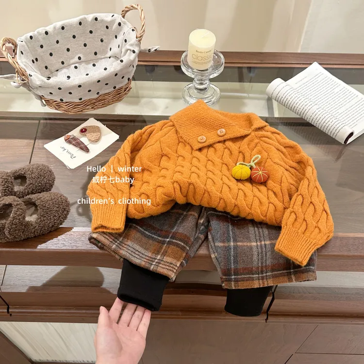 【咸柠七】小南瓜！女童韩系针织毛衣套头衫冬洋气格子裤两件套
