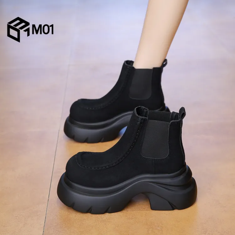 M01厚底松糕马丁靴女2025春秋新款英伦风显瘦一脚蹬机车烟筒短靴 