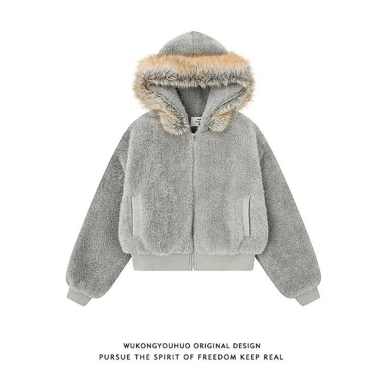 悟空有货美式短款仿貂绒毛领连帽棉衣女冬季保暖毛茸茸座山雕外套
