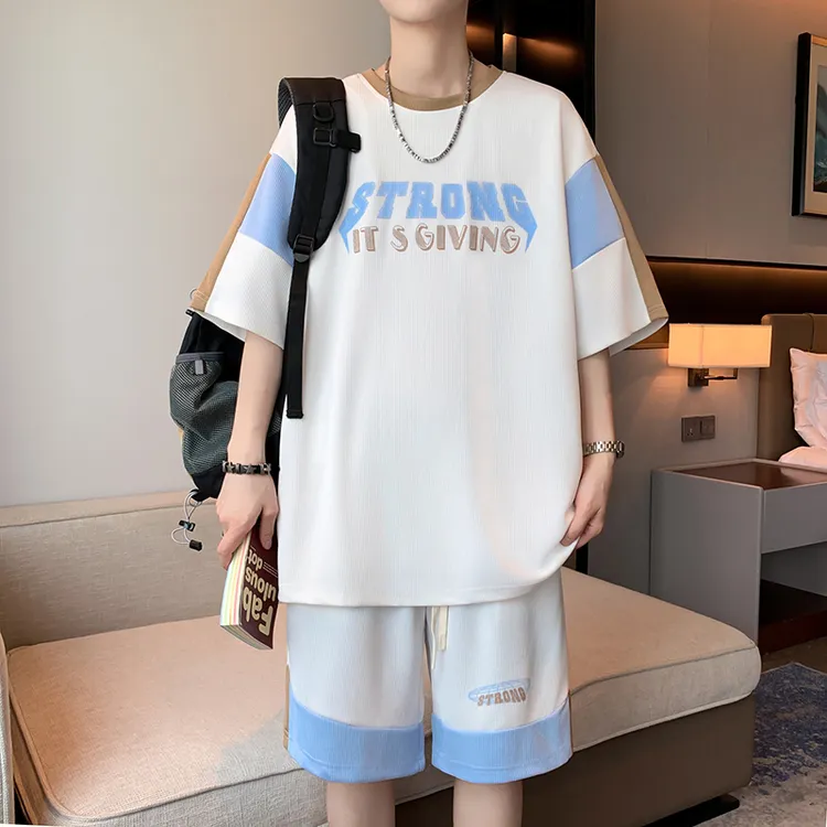 夏季潮牌短袖短裤两件套男青少年帅气休闲运动套装男生宽松一整套