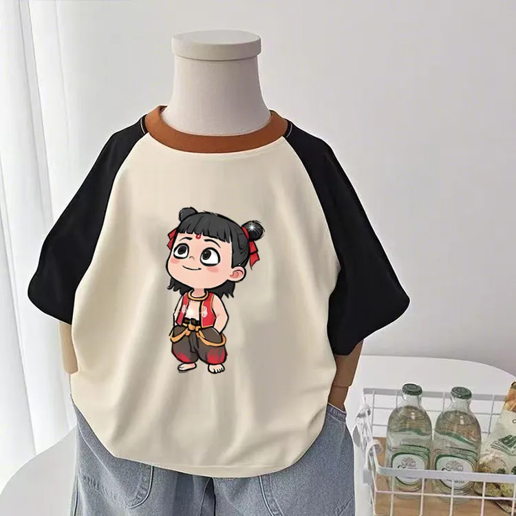 儿童卡通哪吒短袖纯棉T恤夏季新款拼接宽松休闲百搭男女童宝宝潮t