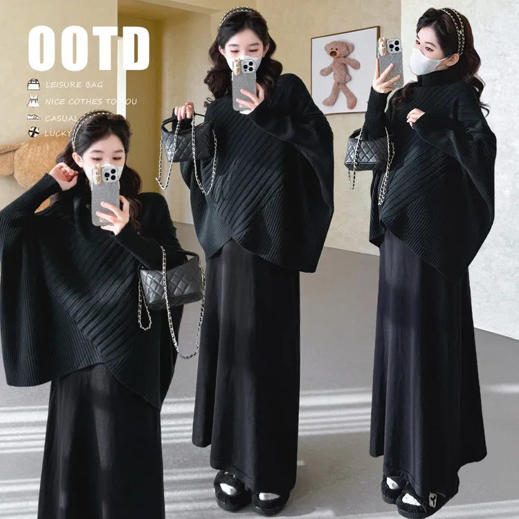 韩版时尚高级感秋冬新款套装女不规则毛衣+半身裙孕妇休闲两件套