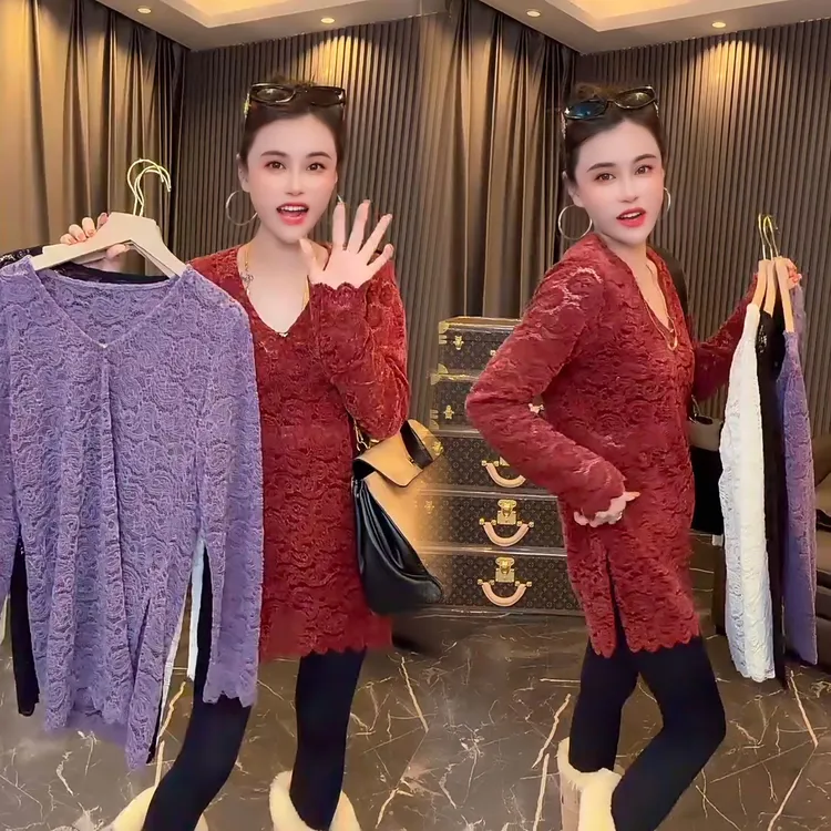 2025冬季新款纯色显瘦蕾丝上衣镂空长袖中长款V领蕾丝衫时尚百搭