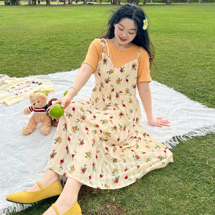 运费贴8元+夏显瘦假两件流行碎花圆领大码连衣裙温婉大方衣服0674