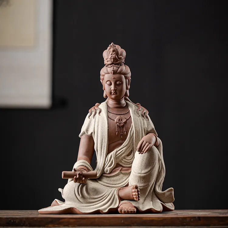 陶瓷摆件中式持经自在观音菩萨佛像摆件家居客厅玄关桌面装饰灯圈