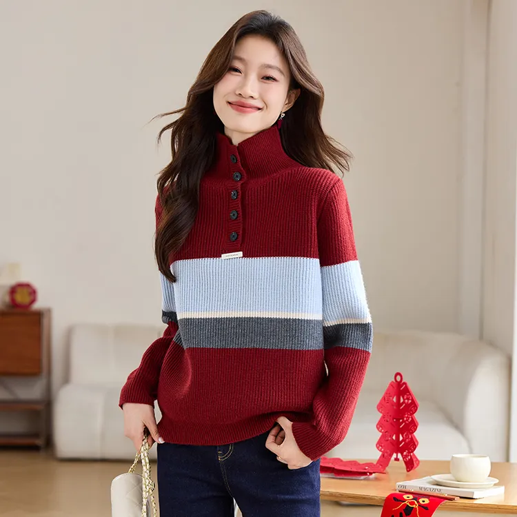 正品哥弟新款绵羊毛针织拼色打底衫宽松韩版排扣高领显瘦毛衣女