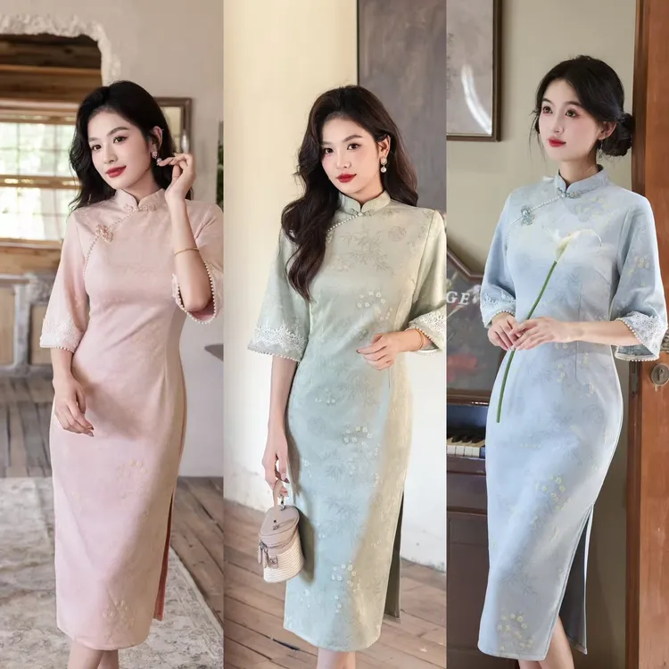 包袖立领日常长裙新中式印花旗袍夏季中国风优雅春季