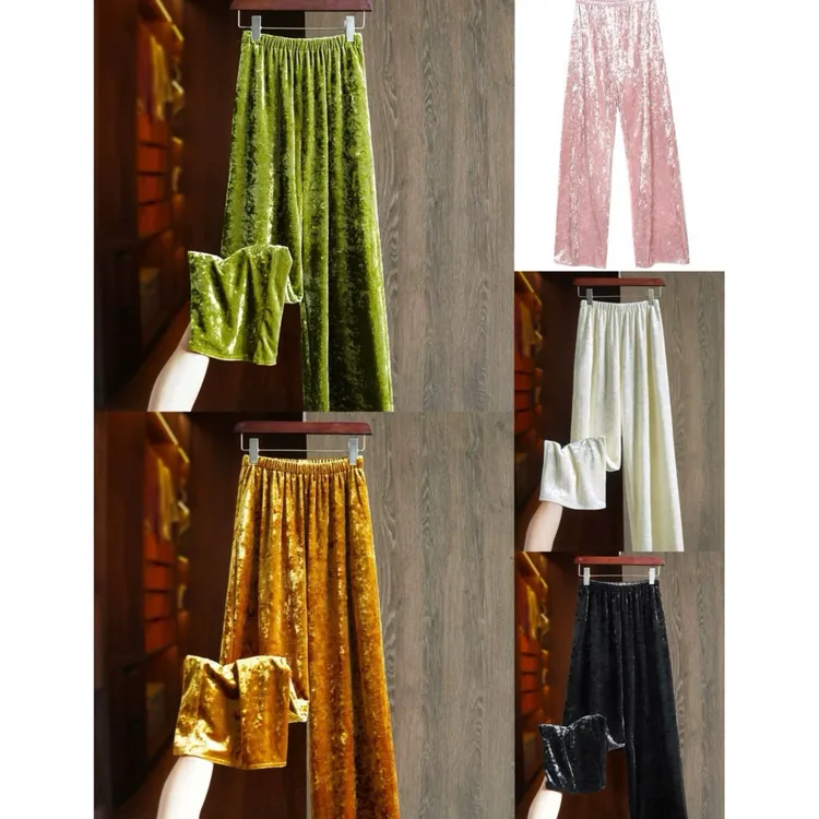 D999-3228【星河】早秋新品轻奢显瘦丝绒松紧腰百搭直筒阔腿长裤女