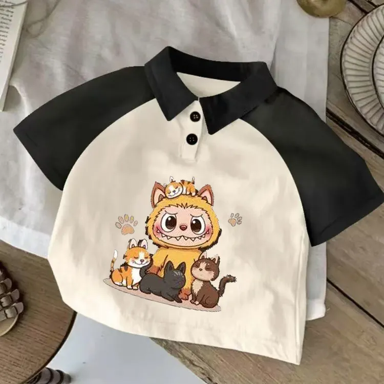 纯棉撞色翻领满印卡通T恤动漫纯棉短袖男女童夏季童装儿童新款t恤