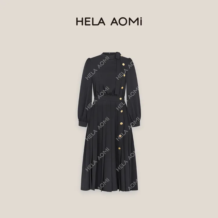 HELAAOMI “经典赫拉”金扣圆领拼接飘带中长裙连衣裙