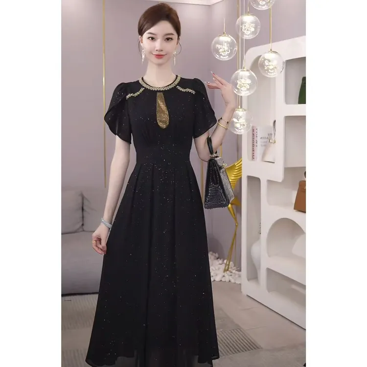 2025夏季新款【QQ-1070】赫本风通勤聚会两穿设计黑色礼服连衣裙子