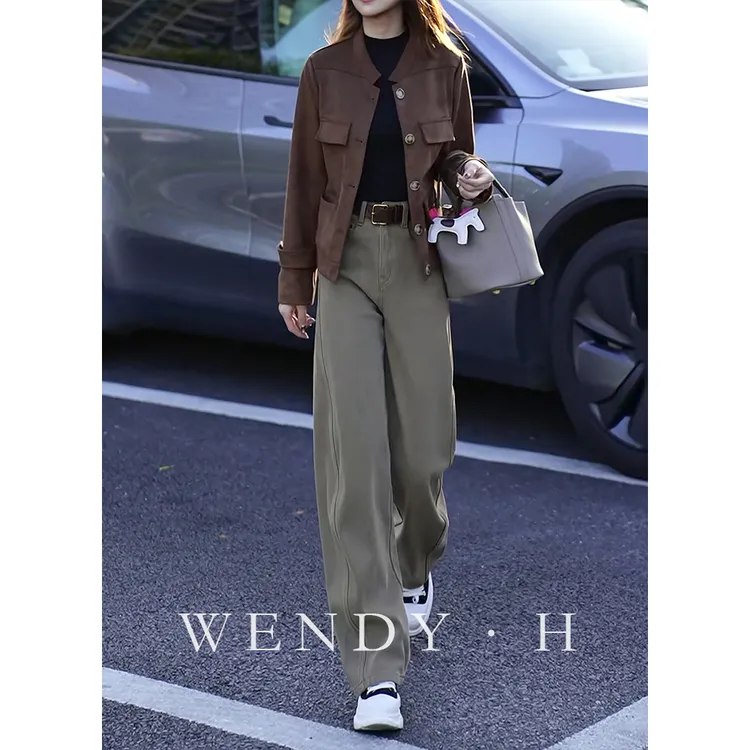 苔原新绿直筒牛仔裤女2025秋冬新款高腰宽松显瘦加绒加厚弯刀裤子