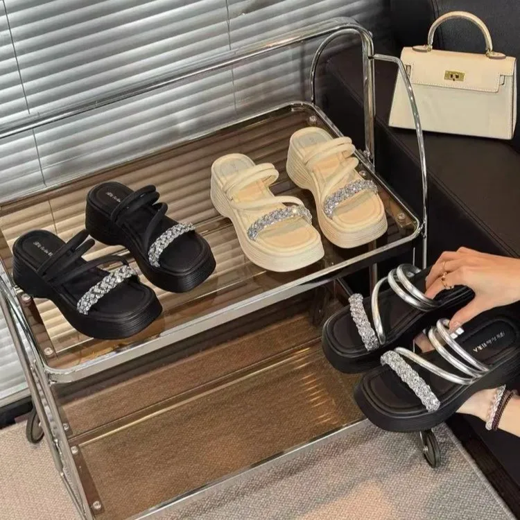 DM厚底拖鞋女2025夏季新款小个子松糕增高外穿凉拖沙滩一字拖