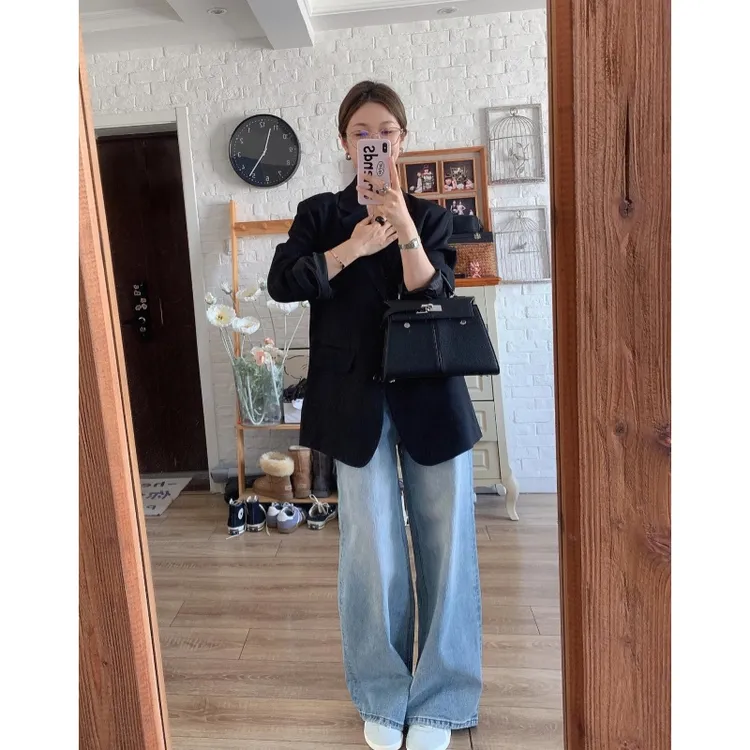 森系女翻领中长款宽松西装韩版春秋长袖外穿2025爆款高级感牛仔裤