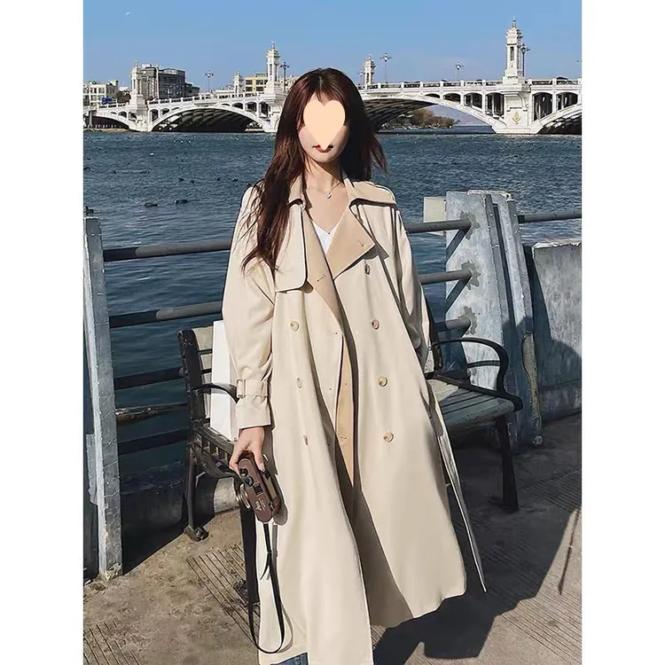 双拼色高级感风衣外套女2025春秋中长款过膝双排扣宽松潮大衣