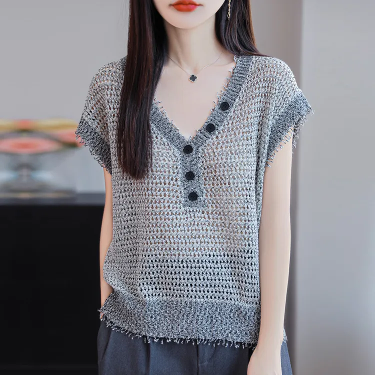 大码女装夏微胖mm冰丝针织衫女士短袖t恤遮肚子巨显瘦镂空v领上衣