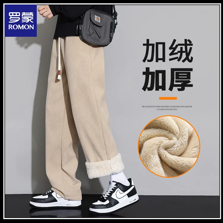 Romon/罗蒙休闲裤男款抗寒保暖美式潮牌2025秋冬新款加绒直筒长裤