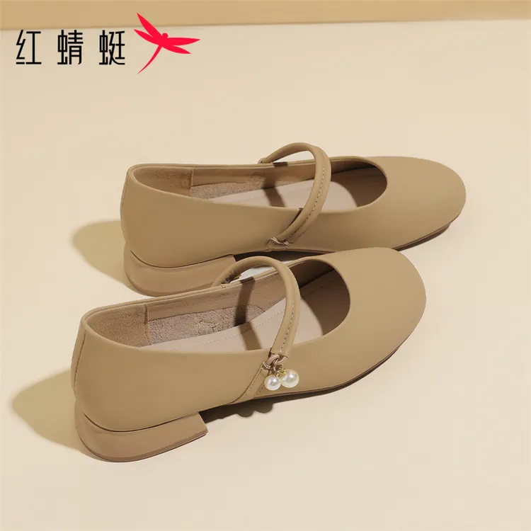 红蜻蜓米白色平底鞋玛丽珍鞋子女鞋2025新款小皮鞋单鞋低跟高跟鞋