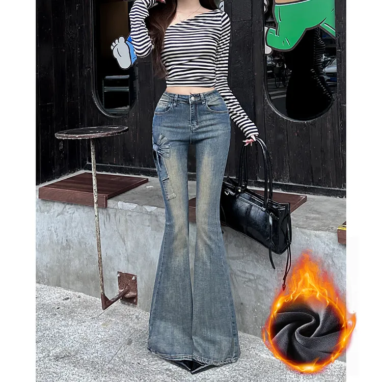 纯欲辣妹风喇叭裤蝴蝶结加绒牛仔裤女2025秋冬新款高腰紧身显瘦