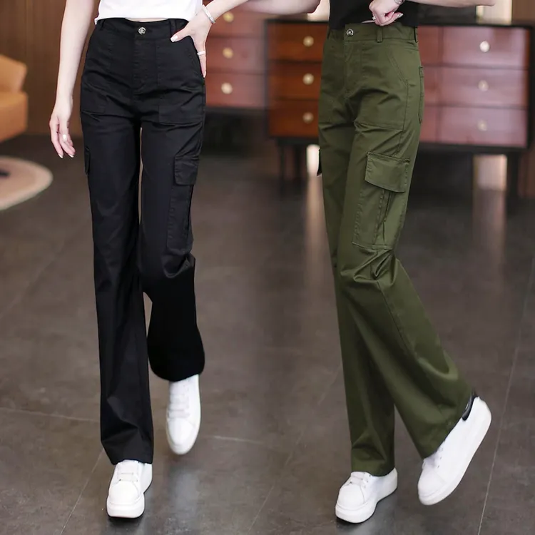 军绿色工装裤女新款宽松显瘦高腰直筒束脚裤黑色百搭休闲裤洋气潮