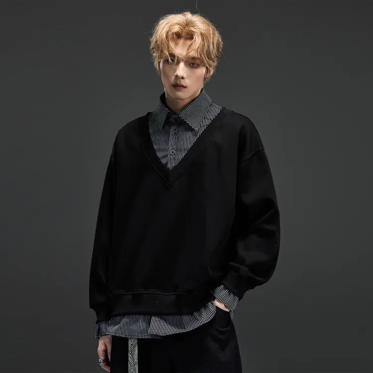 假两件衬衫领拼接卫衣男痞帅秋季美式休闲重磅宽松潮牌情侣外套