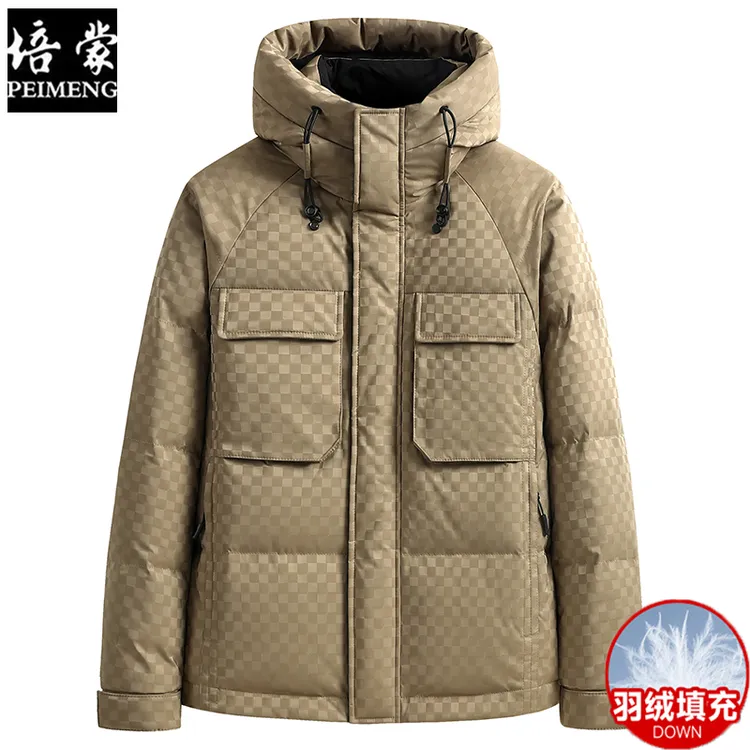 培蒙羽绒服2025年冬季新款保暖加厚潮流格纹短款休闲连帽羽绒外套
