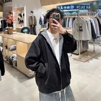 日系叠穿假两件设计连帽卫衣情侣休闲夹克 LF25268
