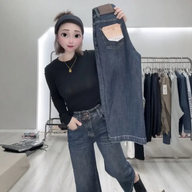 2025秋季新款四面弹两粒扣牛仔直筒裤大码女装高腰显瘦八分阔腿裤