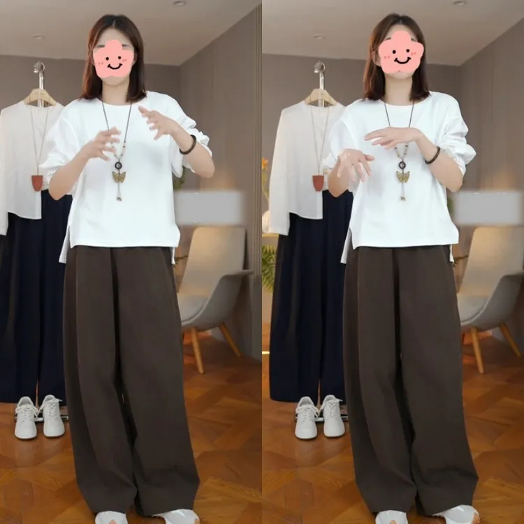 圆领设计感开叉百搭T恤上衣+高腰通勤显瘦阔腿裤LK2506205