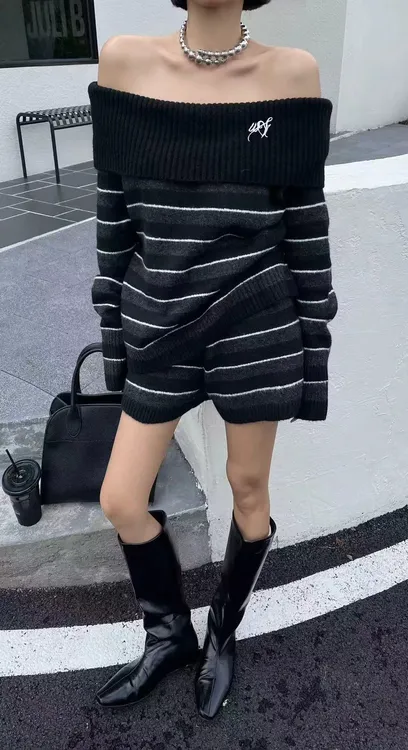 小众设计师款条纹一字肩针织上衣+休闲风短裤两件套女秋冬新款潮