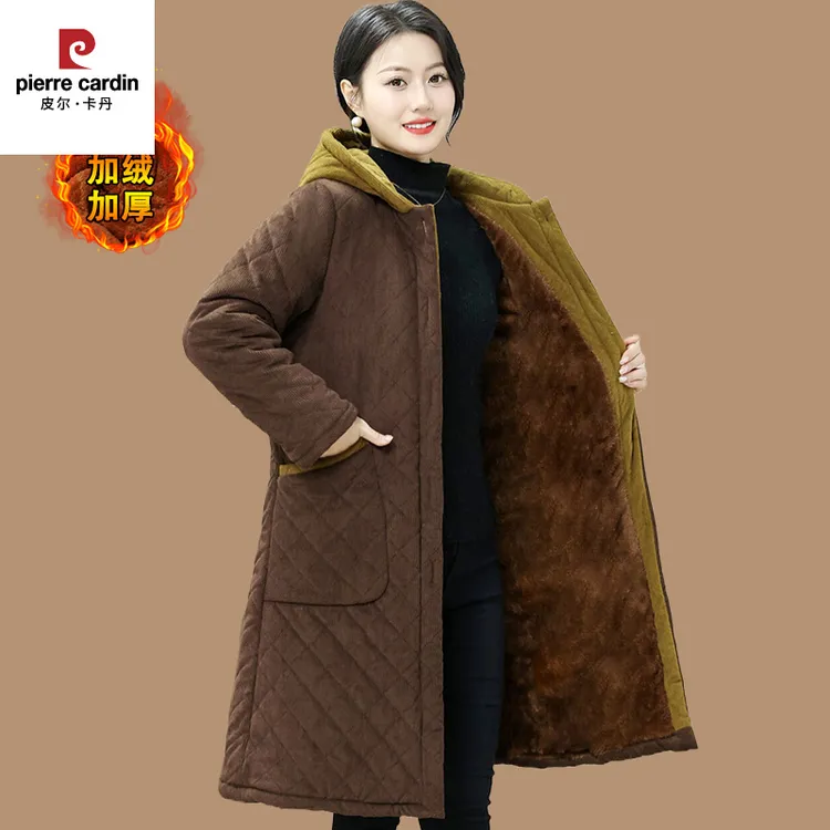 皮尔卡丹妈妈冬装加绒加厚长款连帽棉衣中老年女宽松格子棉服外套