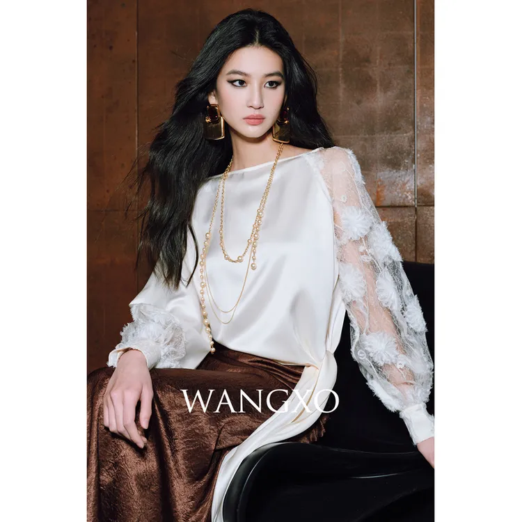 WANGXO 拼接蕾丝立体花绑带设计感衬衫 250083W